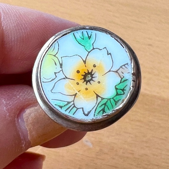 VINTAGE DESIGNER J.LEE JESSICA LEE 925SS CERAMIC FLOWER PAINTING RING HALLMARKED - Picture 7 of 16